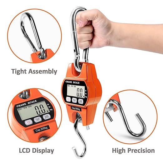 GRAM PRES Digital Hanging Scale 660 Lb 300 Kg Hanging Digital Scale, Handheld Mini Crane Scale with Hooks for Farm Hunting Fishing Outdoor